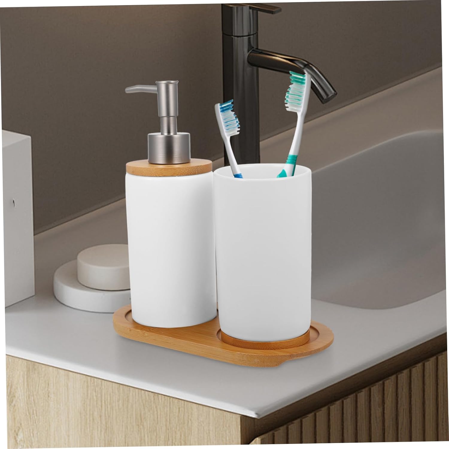 LIFKOME Elegant Bathroom Accessories Ceramic Washing Cup Set Soap Dispenser Toothbrush Holder Shampoo Bottle White