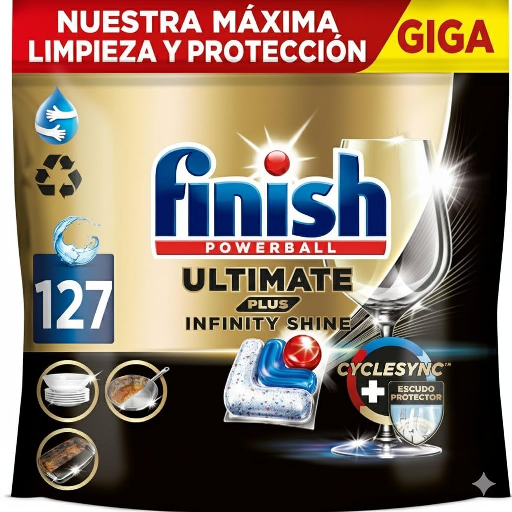 Finish Ultimate Plus Infinity Shine, Pastillas para el Lavavajillas, limpieza y brillo intensivos, y protección del cristal, 127 pastillas