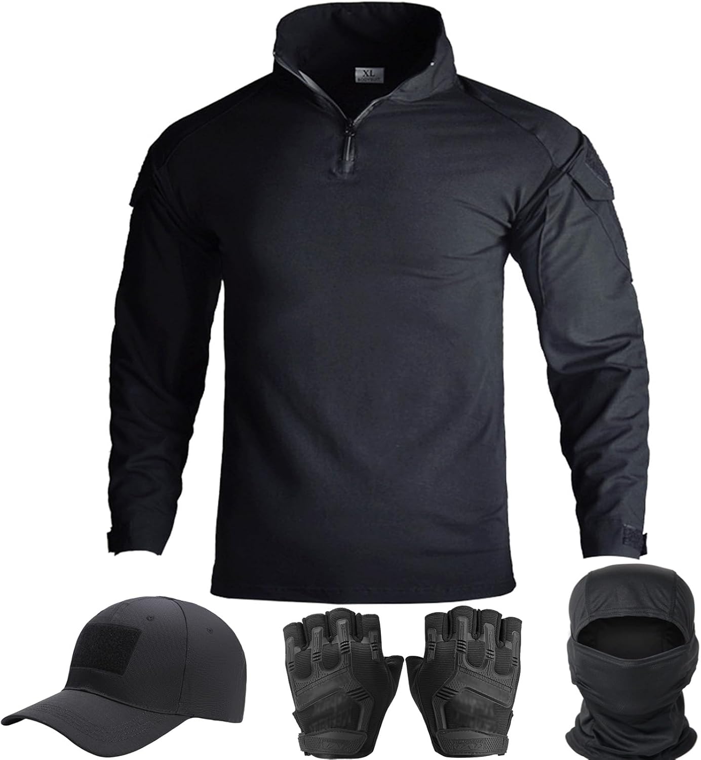 Mens Tactical Camo Shirt,Long Sleeve Combat Shirt,Cap Gloves Balaclava and 1/4 Zip Military Top Airsoft Gear