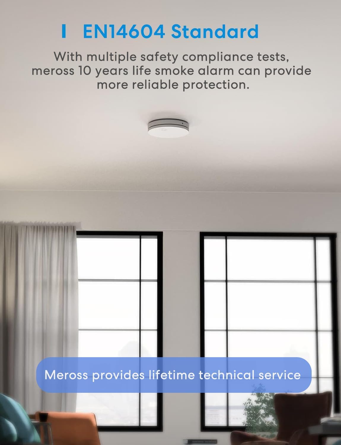 Meross Rilevatore di Fumo, Allarme Antincendio con Batteria da 10 Anni, Sensore Fotoelettrico con Allarme Fumo Controllo Automatico, Piccolo e Piatto, Testato Secondo VdS DIN EN 14604