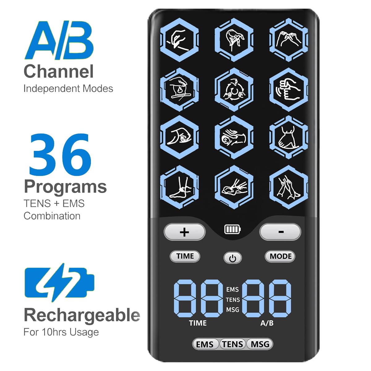 Electroestimulador Muscular, 3 en 1 TENS EMS Masaje Tens Electroestimulador con 12 Modos 36 Intensidades 12 Electrodos, Doble Canal Independiente, USB Recargable, Tens Machine for Pain Relief