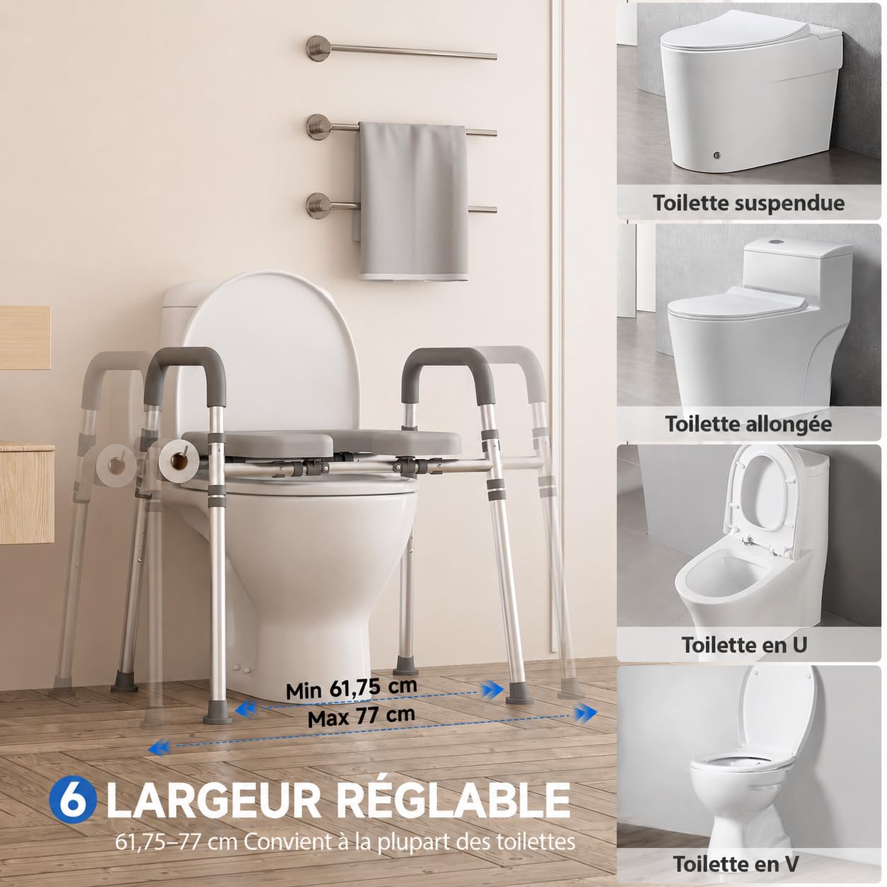 Loyoda Toilettensitzerhöhung mit Armlehnen, WC-Sitzerhöhung, Grau | Höhen- & breitenverstellbare Toilettenhilfe mit Aufstehhilfe für Senioren, Erwachsene & Schwangere, passend für gängige WCs