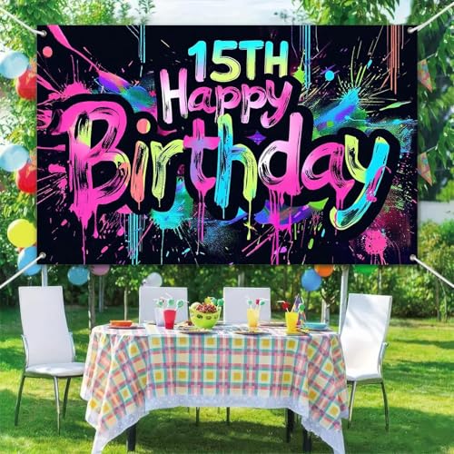 Image of HOMETITUTE Neon 15th Happy Birthday Banner 71x43 Inch Paint Splatter Glow in The Dark Party Backdrop Colorful Wall Decor for Teens Boys Girls Fifteenth Birthday Celebrations Photo Booth Props