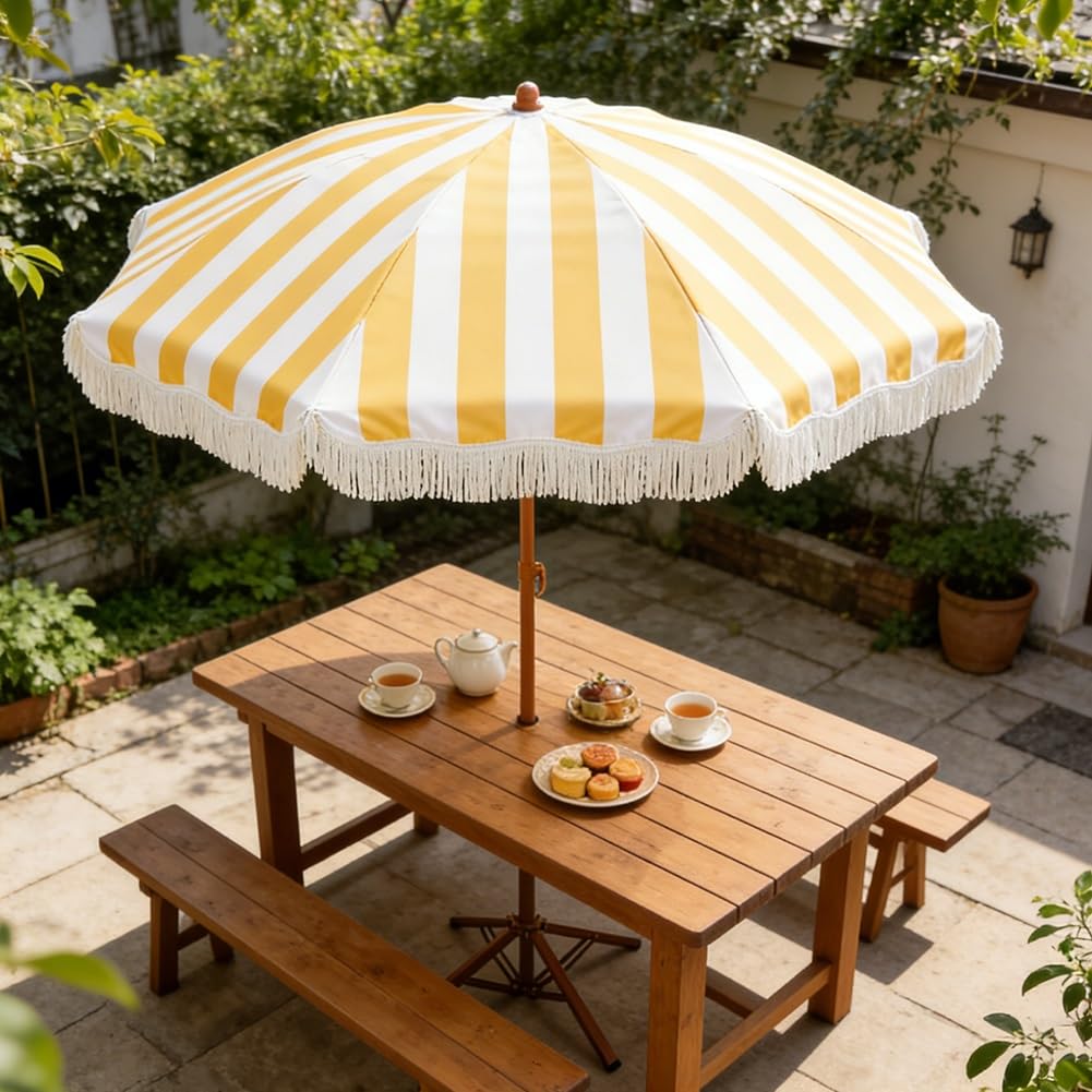 6,5ft Boho White-Ylow Striped Parasol z frynką, UPF 50 + Składany parasol tarasowy na ogród wakacyjny na świeżym powietrzu