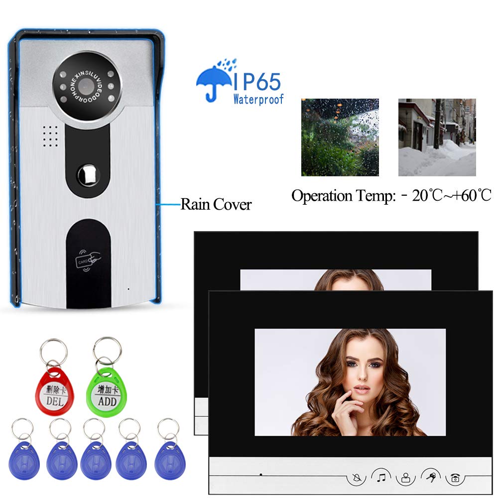 Videocitofono RFID 7 '' TFT Color IR Telecamera da Esterno CMOS con Campanello in Metallo Impermeabile Monitor 700TVL + 5pcs ID utente Telecomando per Casa (2 Monitor della 1 Fotocamera)