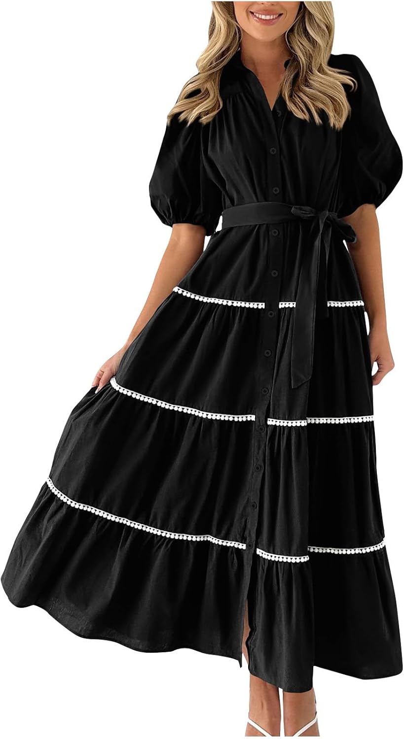 Dresses for Womens 2024 Casual Puff Sleeve V Neck Maxi Beach Dresses Button Down Flowy Summer Trendy Long Shirt Dress