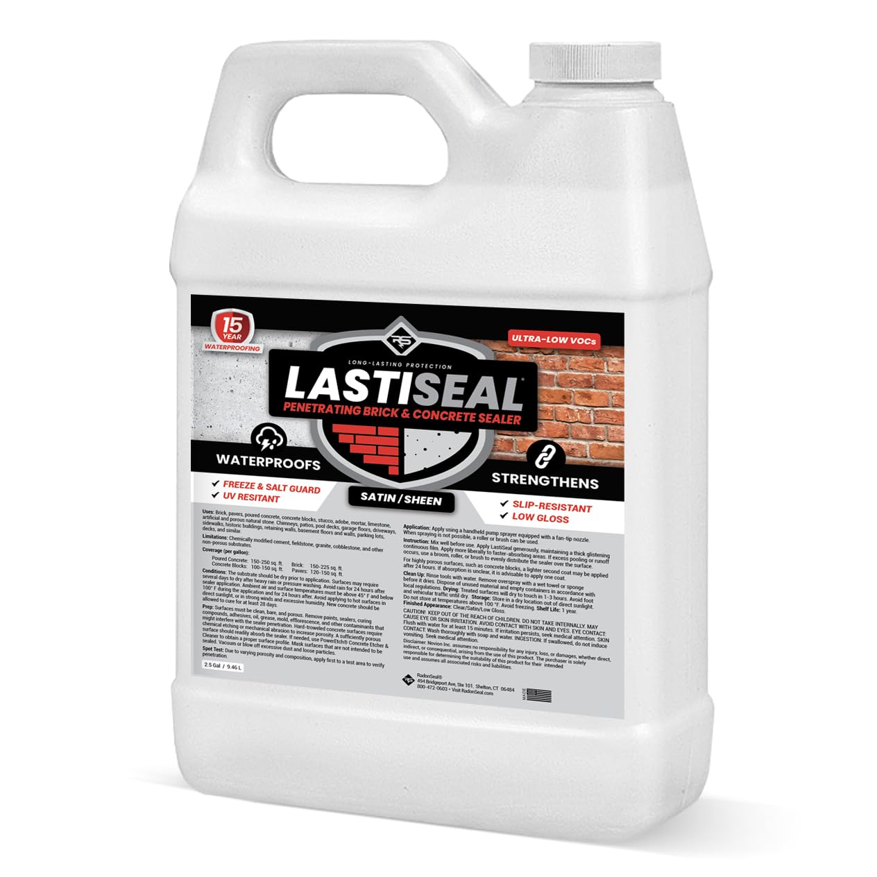 LastiSeal Penetrating Brick & Concrete Sealer, Satin Finish (2.5 Gallon) – Water-Based Masonry Sealer for Brick, Concrete, Pavers, Porous Stone & Block – Long-Lasting Protection