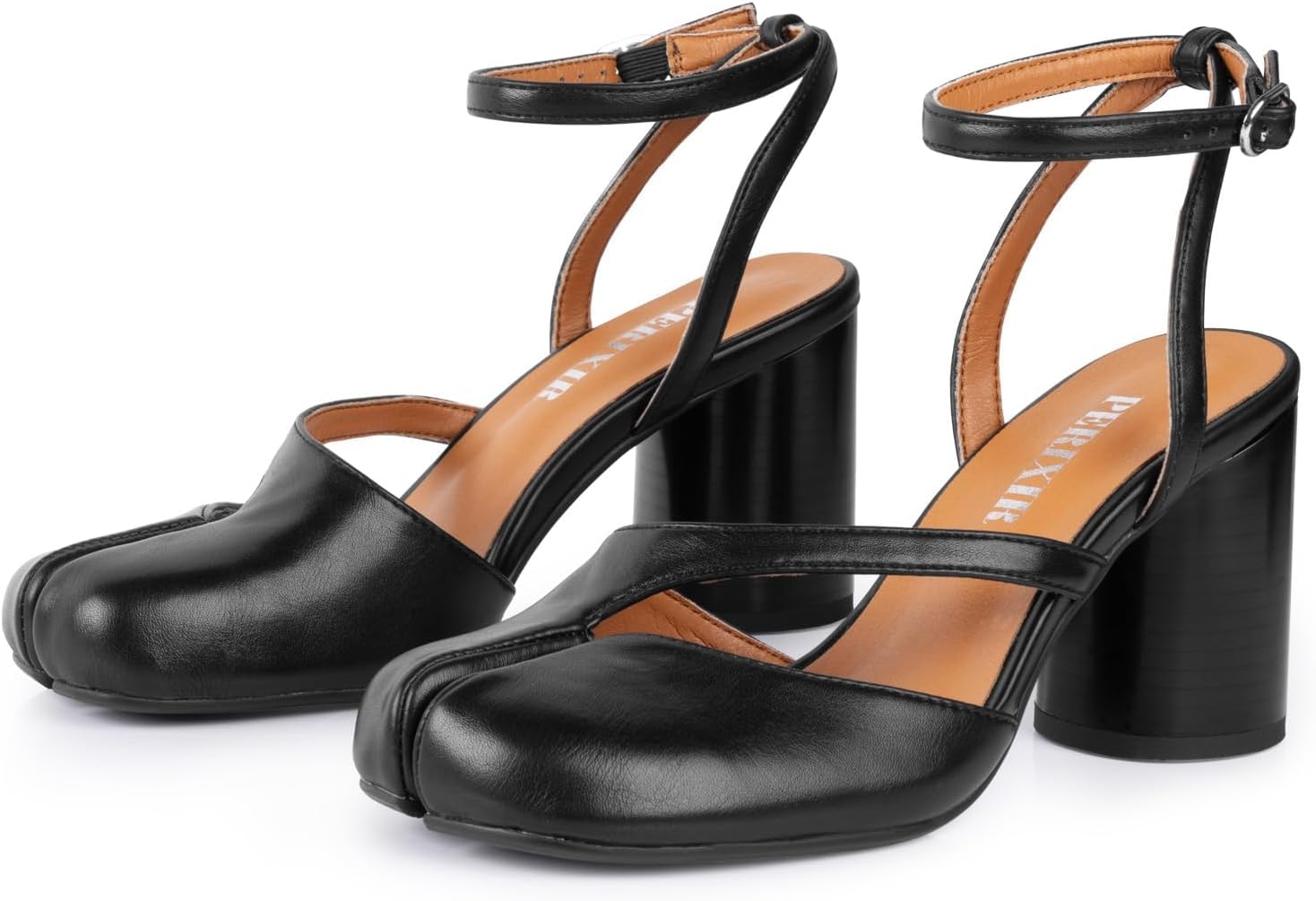 perixir Black Tabi Shoes Heeled Sandals with Block Heel Elegant Closed Split Toe Slingback Heels with Ankle Strap Retro Strappy 3.27-inch High Heel for Office Dance Evening