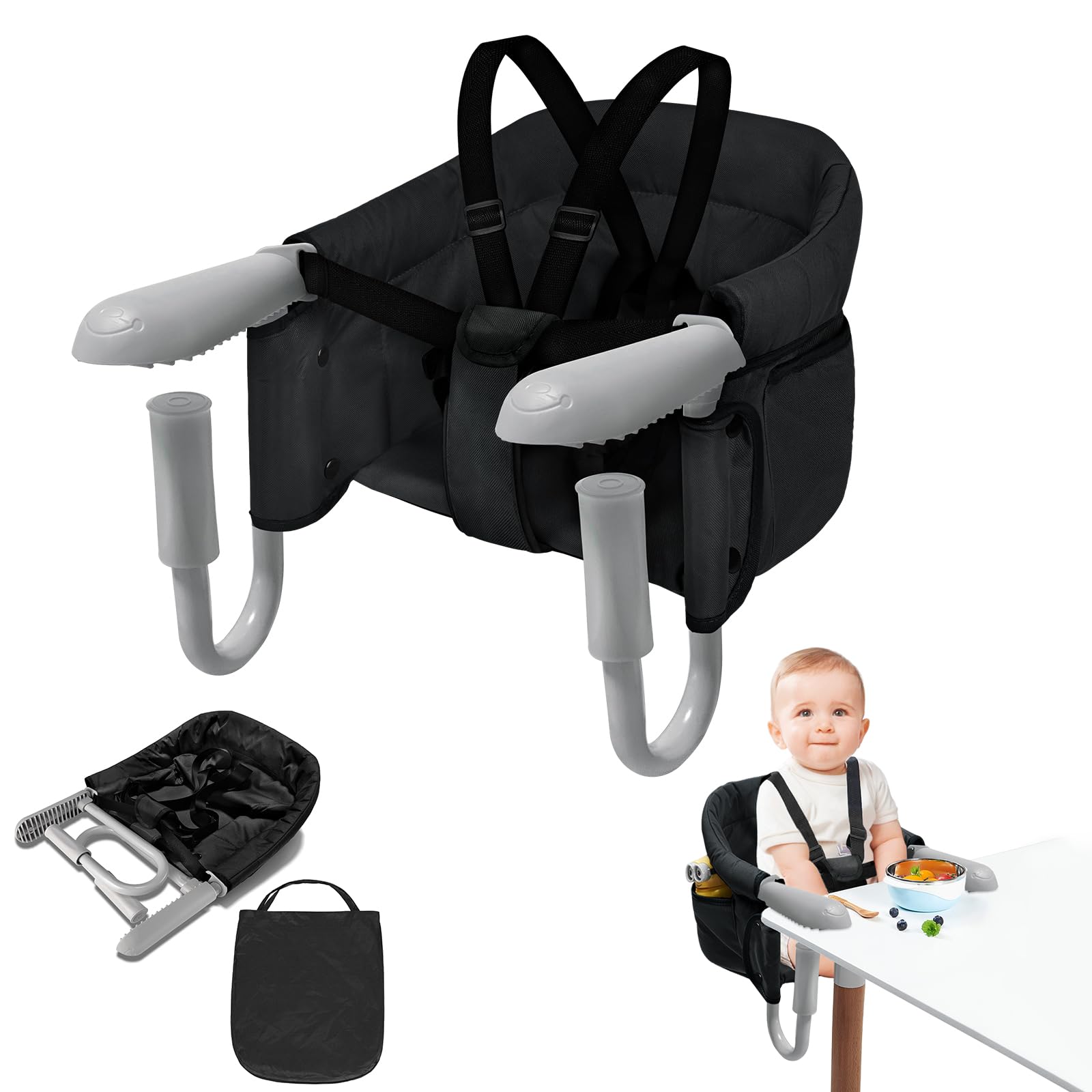 ACXIN Seggiolino da tavolo, seggiolone con borsa per il trasporto, seggiolone di alta qualità, per ristoranti, viaggi e co, portata fino a 15 kg (nero)