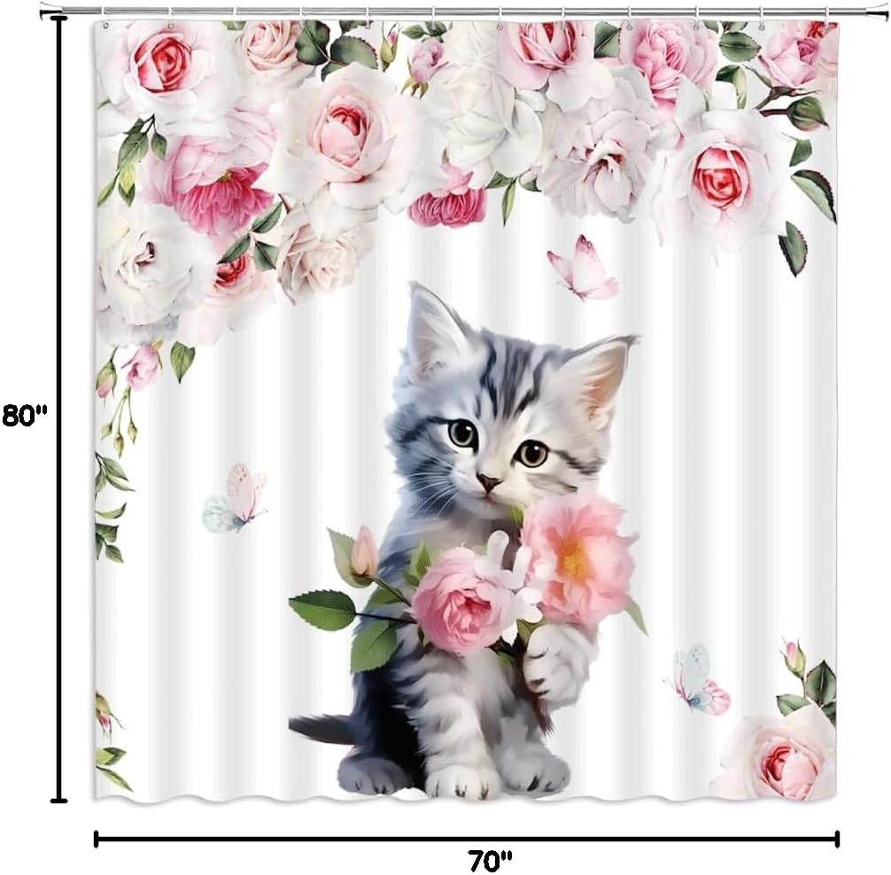 Cute Cat Shower Curtain Watercolor Kitty Rose Floral Butterfly Lovely Kitten Rustic Animal Fabric Bathroom Decor Curtains with Hooks,70 x 80