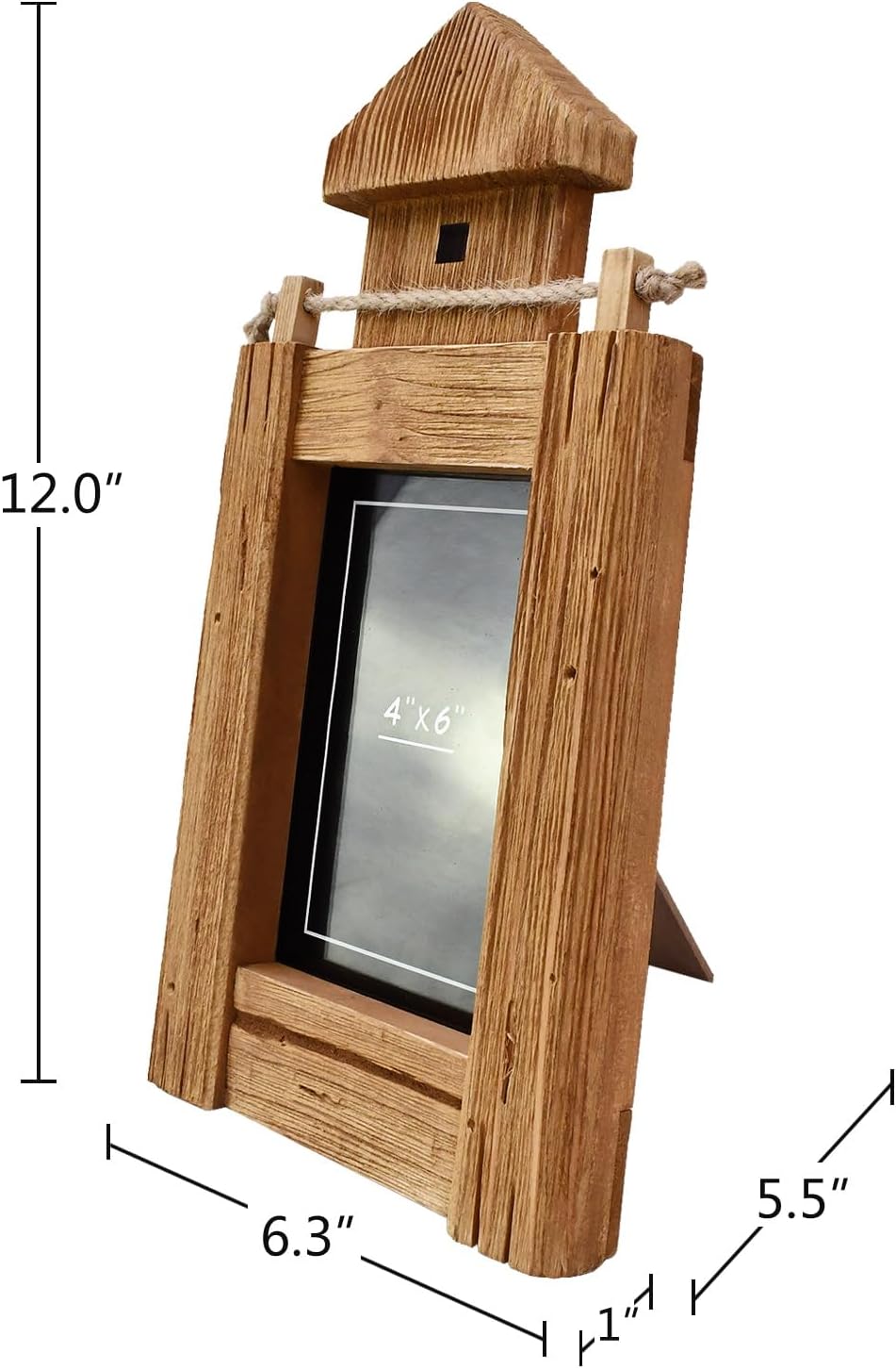 4x6 Picture Frame Rustic Wood Photo Frame Beach Home Decor, Handmade Nautical Lighthouse Shaped Photo Frame with HD Glass and Easel for Tabletop Decor (S M)