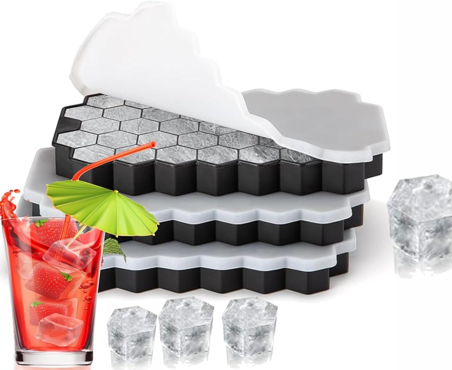 - Silicone Ice Cube Trays with Lids – 3 Pack Easy-Release Hexagon Ice Maker for Freezer, Reusable Food-Grade Ice Molds for Cocktail Bar, Whiskey, Iced Coffee & Home Kitchen (Black)