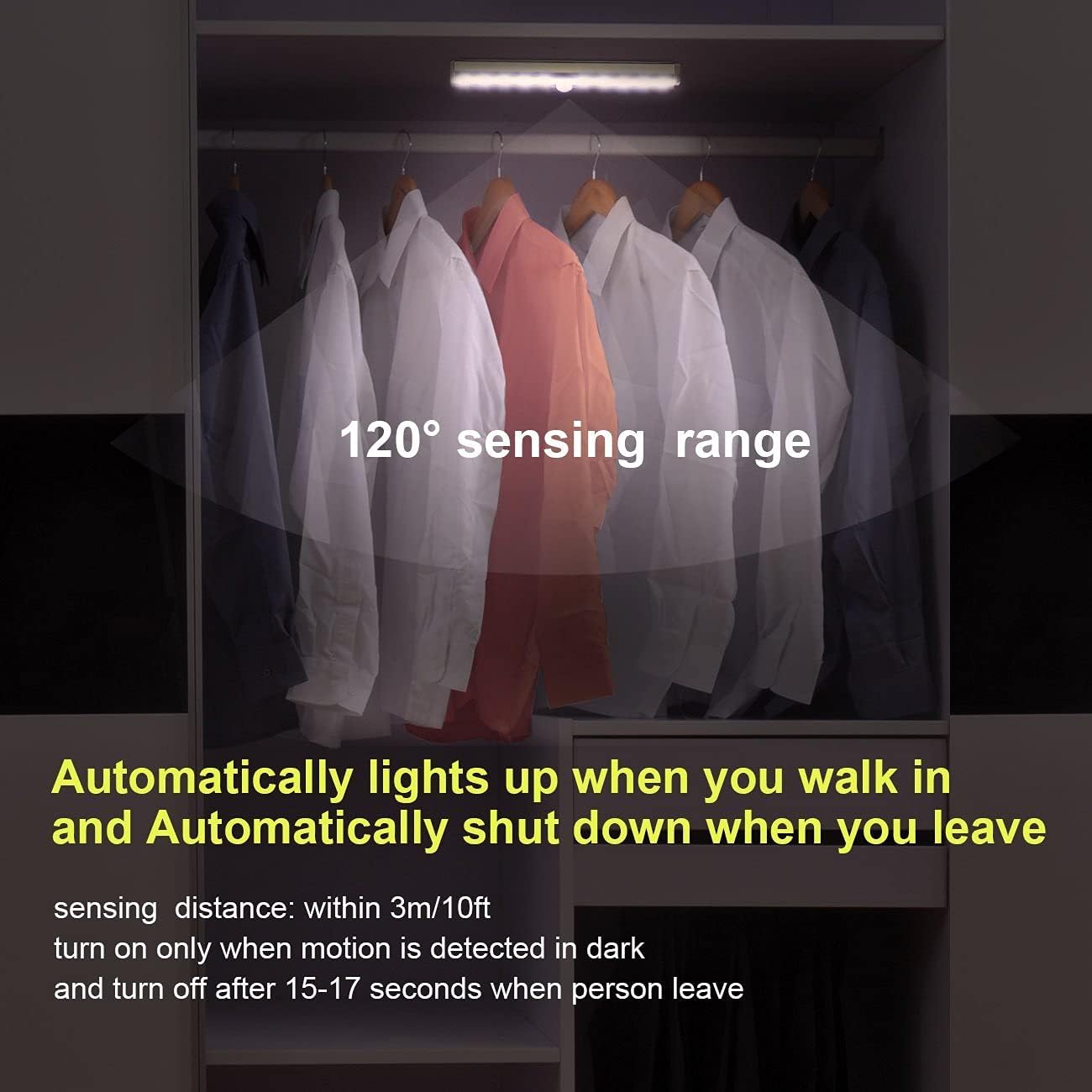 Motion Sensor Closet Lights 10 LED Battery Operated Under Cabinet Lighting, Wireless Under Counter Light, Stick on Lights Night Light Bar for Hallway, Stairs, White 6 Pack