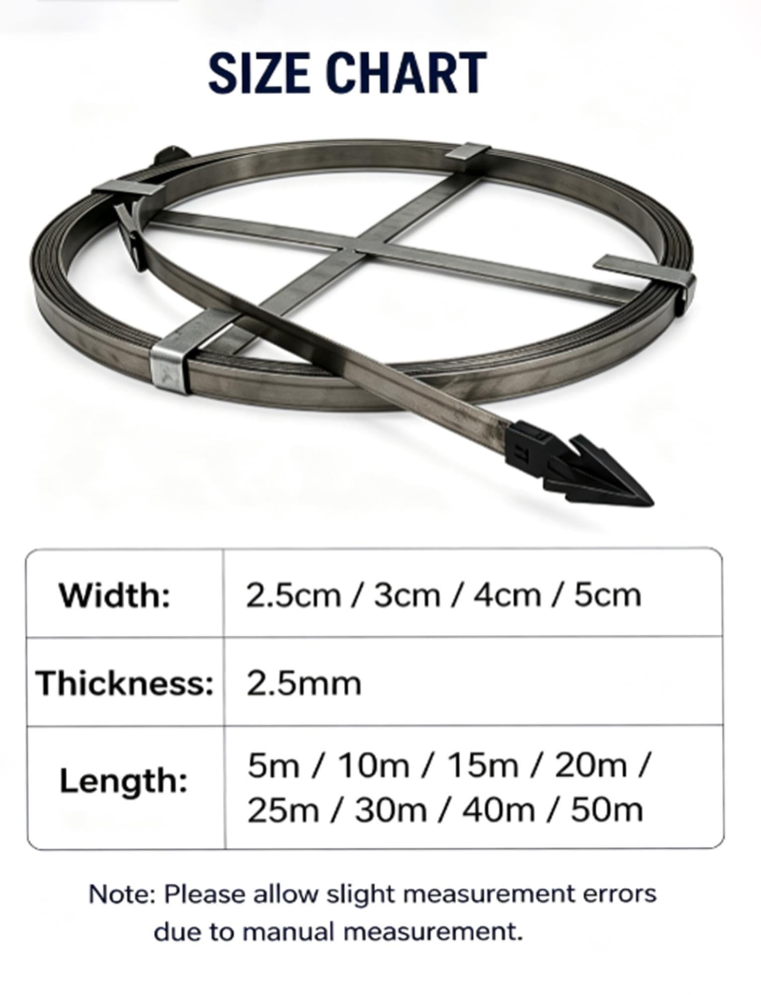 Cinta plana de acero 65Mn para limpieza de drenajes, 2.5mm, 5-50m