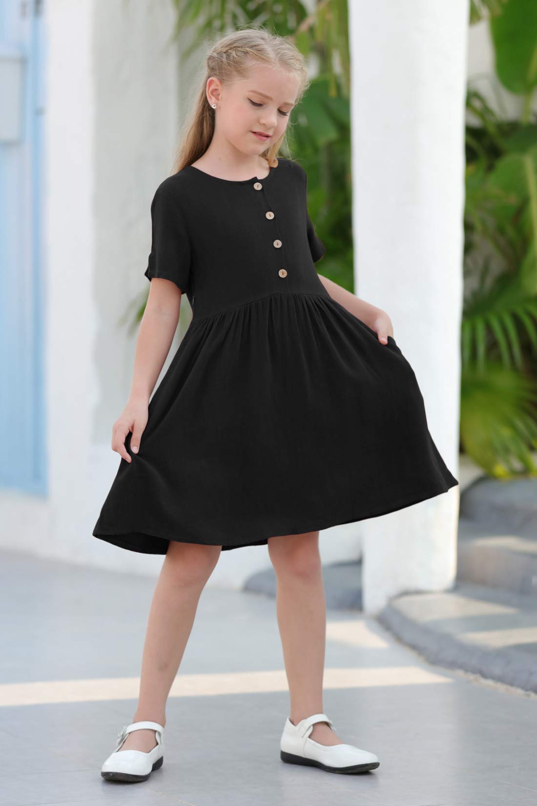 GORLYA Girl's Short Sleeve Button Up Pleated Waist Loose Casual Linen Midi Dress with Pockets for 4-12 Years Kids