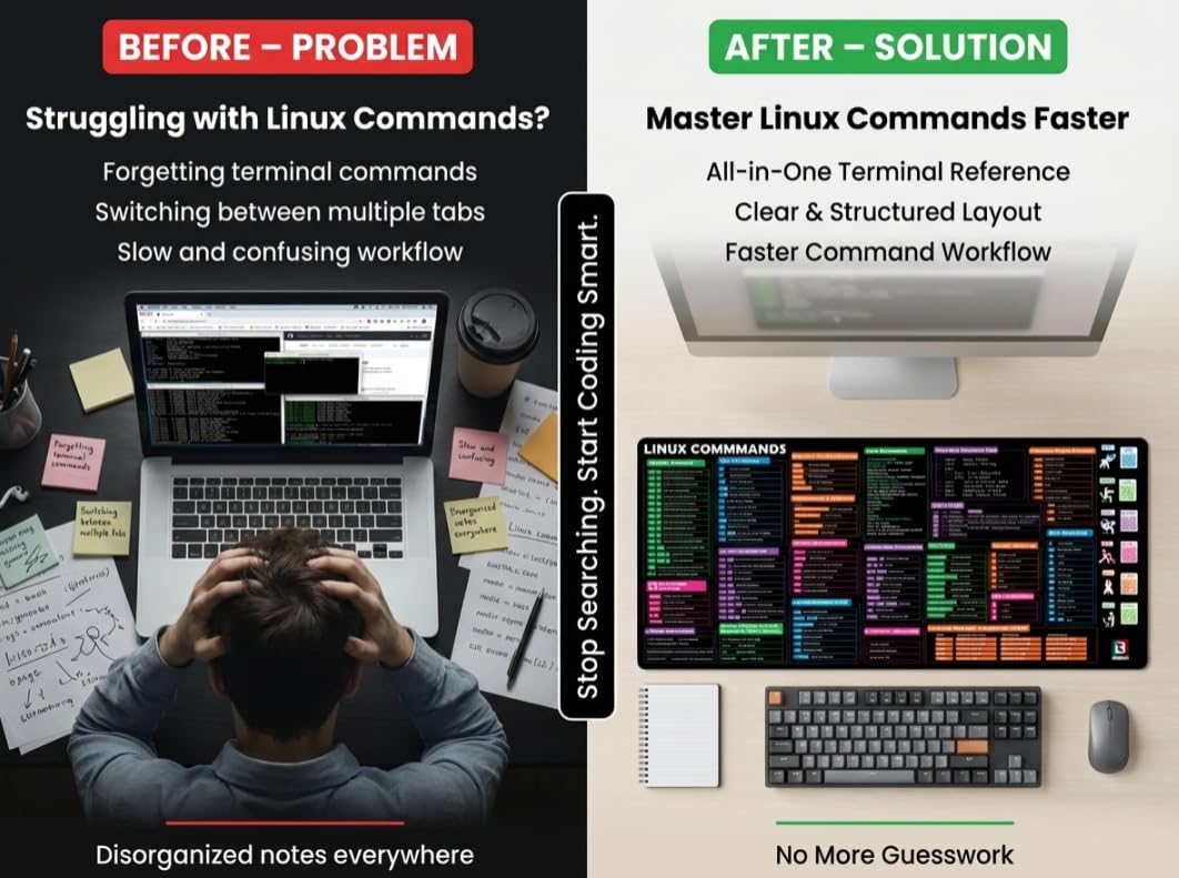 Linux Commands - Tappetino da scrivania e tappetino per mouse, grande tappetino per mouse esteso con scorciatoie terminali, comandi Bash, Git & Vim Essentials, tappetino da scrivania Linux/Ubuntu/Arch