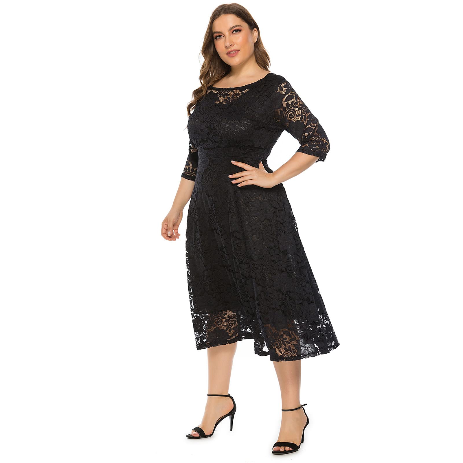 Odizli Abito da donna, elegante, con maniche a 3/4, in pizzo, per matrimoni, feste, da sera, taglie forti