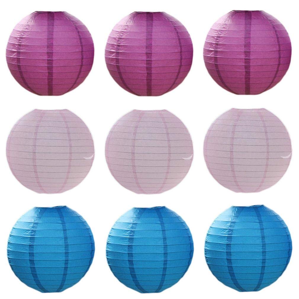 Set di 9 lanterne di carta decorative rotonde a sfera, decorazione per la casa, colore: rosa chiaro+blu scuro+viola rosso 40 cm