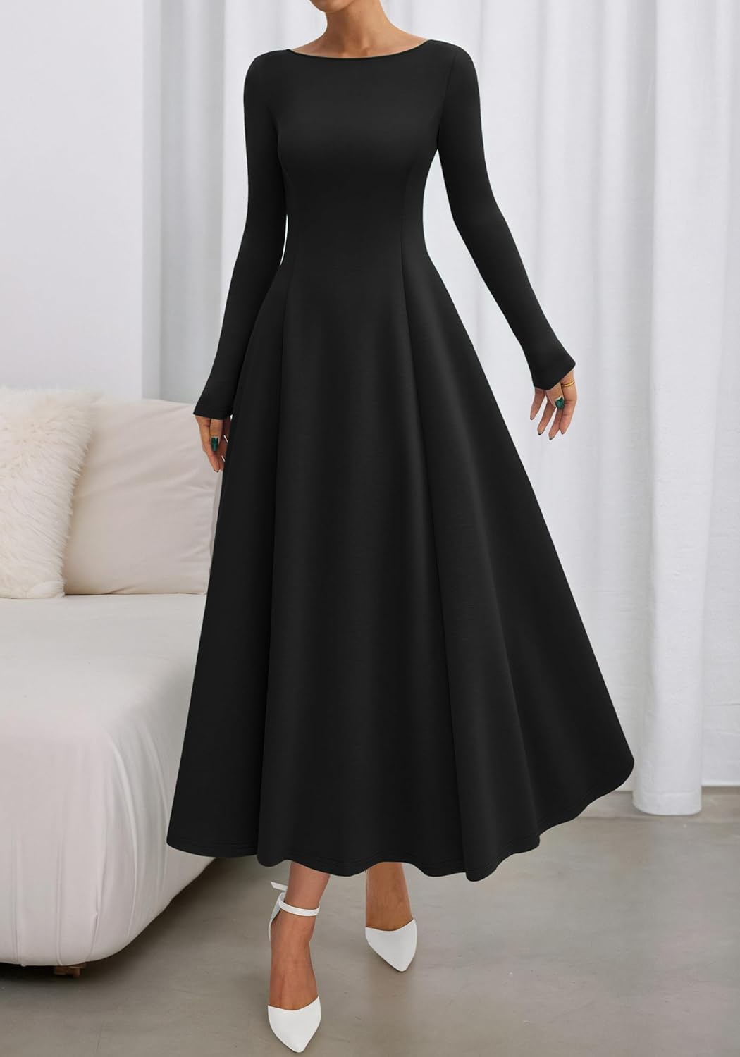 BTFBM Spring Dresses for Women 2026 Trendy Boat Neck Long Sleeve A Line Flowy Knit Loose Casual Elegant Party Maxi Dress - Image 2