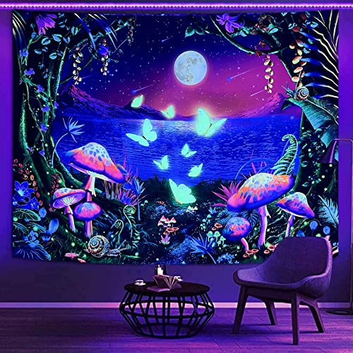 Fungarth Blacklight Fantasy Forest Tapestry For Bedroom Aesthetic Hippie Mushroom Butterfly Moon Flower Tapestry Wall Hanging Uv Tapestries For Living Room Dorm (Green, 48” X 36”) #TOP2