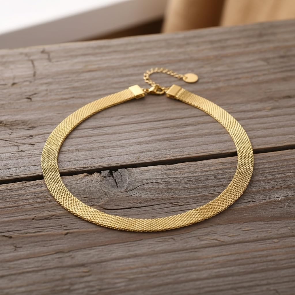 18K Yellow Gold Plated Mesh Choker Necklace for Women, Gold Plated over Stainless Steel, Flat Wide Chain with Lobster Clasp, Tarnish Resistant, 14-Inch Length with a 2-Inch Extension, 5-mm Wide