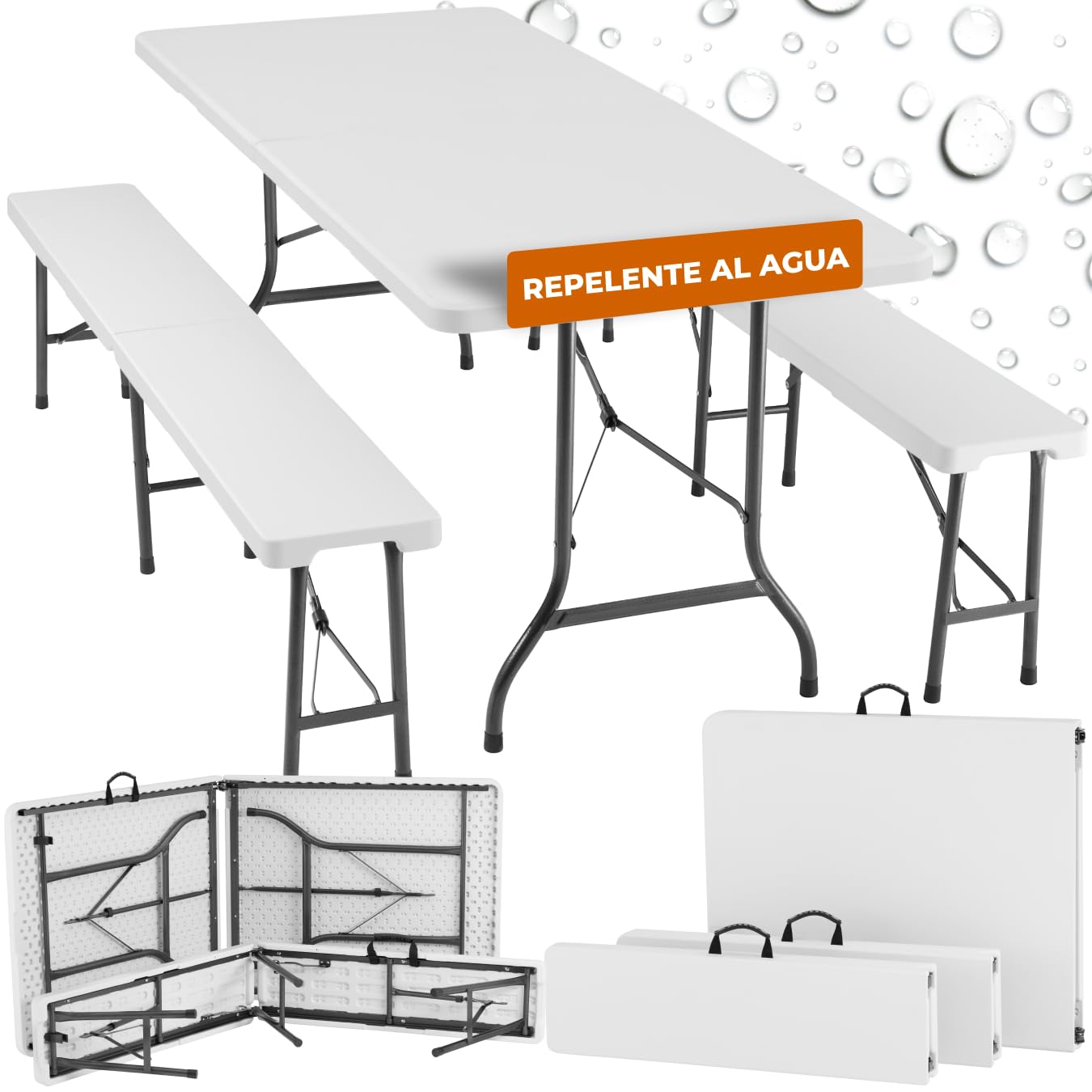 TecTake® Juego de Mesa Plegable de 3 Piezas, Set Mesa Camping con 2X Bancos, Mesa Jardín Exterior, Estructura de Acero, Topes en Patas, Fácil Montaje, Ideal Acampadas, Jardín, Terraza, Picnic -Blanco