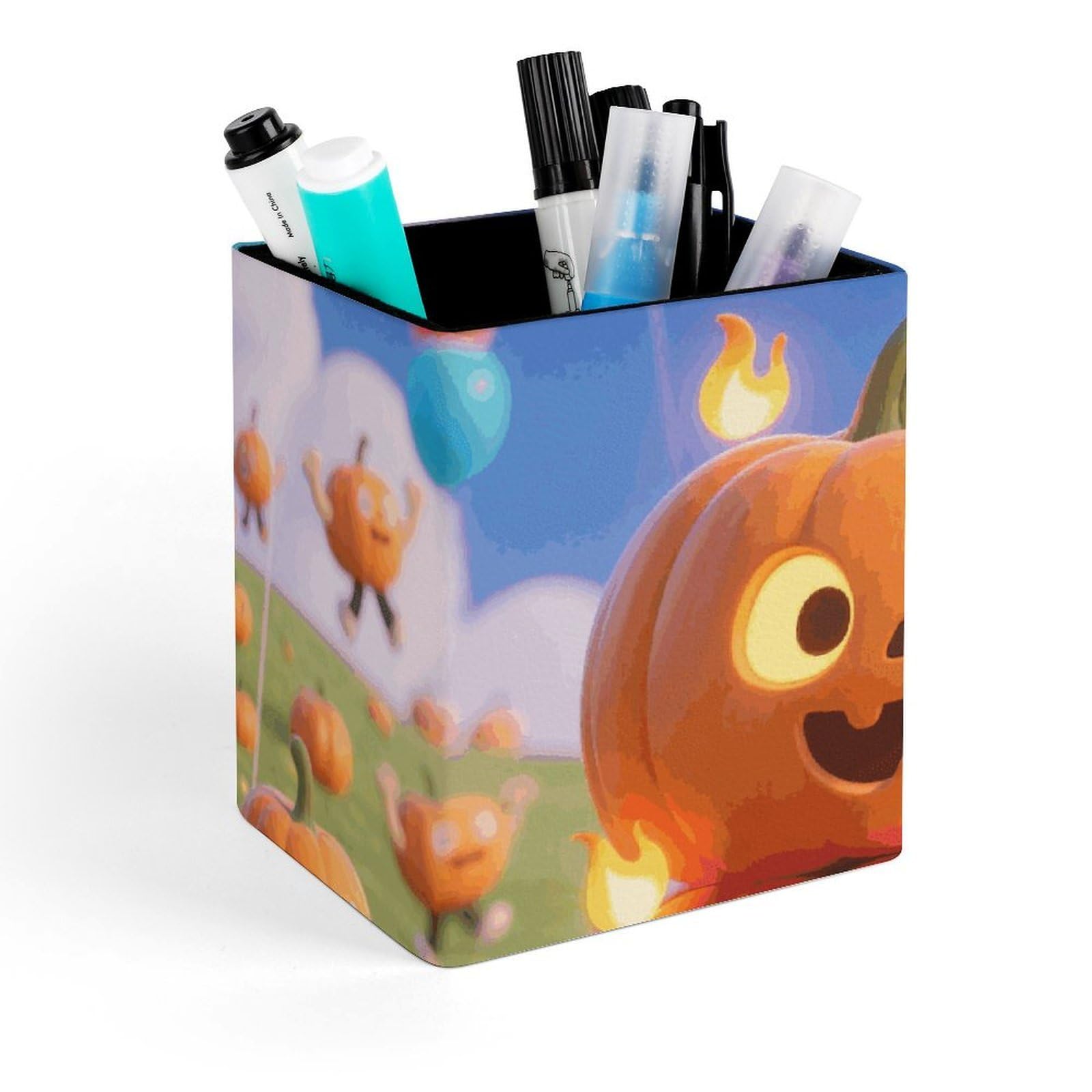 DWVTSLH Aesthetic Pen Holder for Desk - Modern Leather Pencil Holder - Stylish Square Makeup Brush Holder - Fall Pumpkin Patch Pen Cup Cute And Functional Desk Organizer for Office Supplies