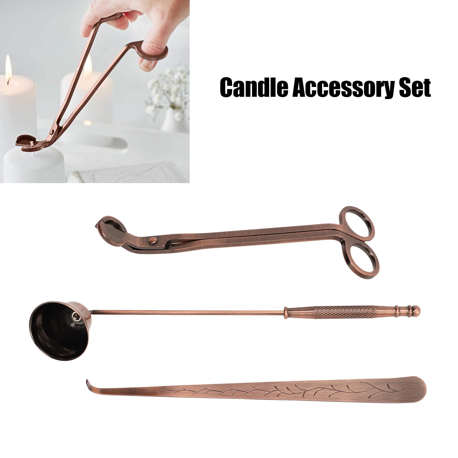 Saluaqui 3 in 1 Candle Accessory Set with Candle Wick Trimmer Cutter, Snuffer, Dipper, Bronze Candle Care Kit, Stainless Steel Care Kit Bronze Scented Candles Trimmer Set
