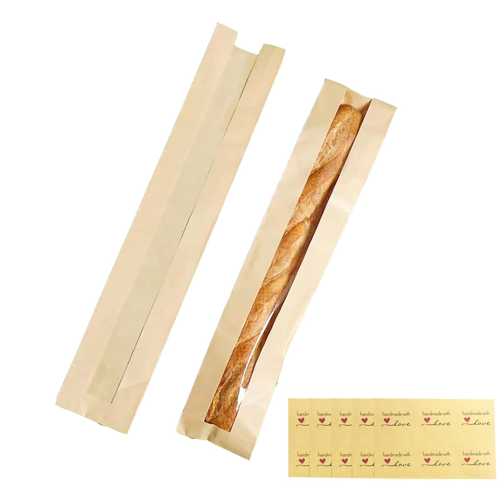 100 Pack Baguette Bags,Kraft Paper Bread Bags for Homemade Bread, Long French Bread Bags with Clear Front Window(23.5 x 4.3 x 1.6 Inch)