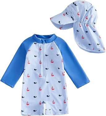 Baby Boy Girl Swimsuit with Hat Long Sleeve Rash Guard Sunsuit Beachwear Watermelon Striped Zipper One Piece Swimwear