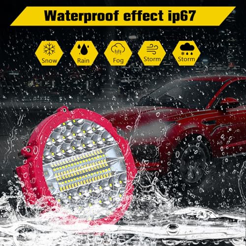 7 INCH Round LED Light Bar MUVKQC 201W Off-Road Driving Lights 21000lm LED Work Lights Pod with Wiring Harness for Pickup SUV ATV UTV Trucks Tractor (4PCS 201W Red+2 Set 2-Lead Wiring Harness)