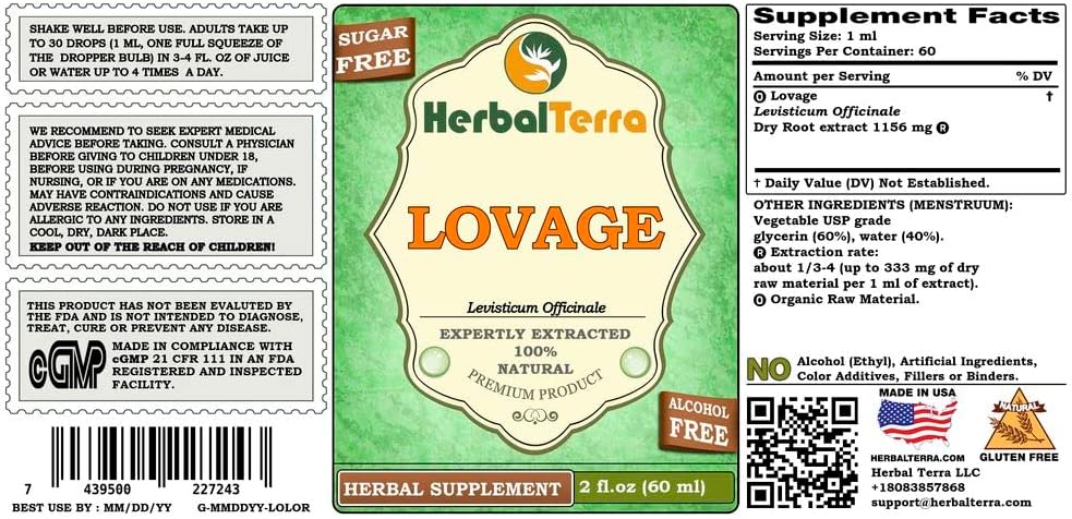 Lovage (Levisticum Officinale) Glycerite, Organic Dried Root Alcohol-Free Liquid Extract (Brand Name: HerbalTerra, Proudly Made in USA) 2x2 fl.oz (2x60 ml)