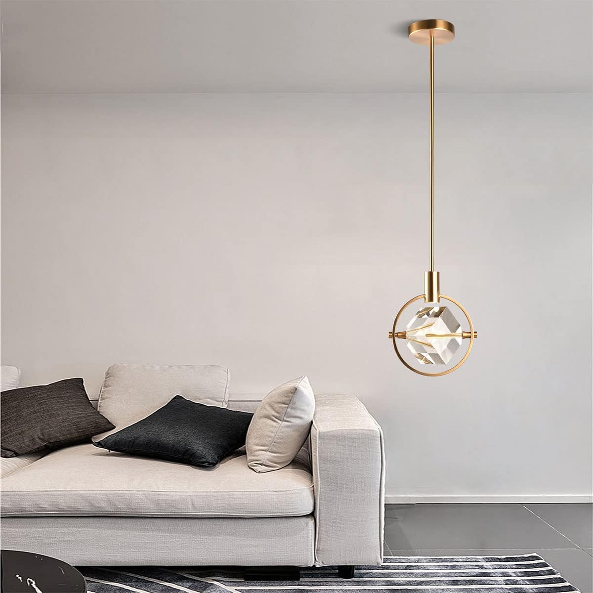 Crystal Pendant Light Fixture, Modern Dimmable Pendant Kitchen Island Light, Matte Brass Small Chandelier Hanging Lighting with Cube Pendant for Dining Room Bedroom Bathroom