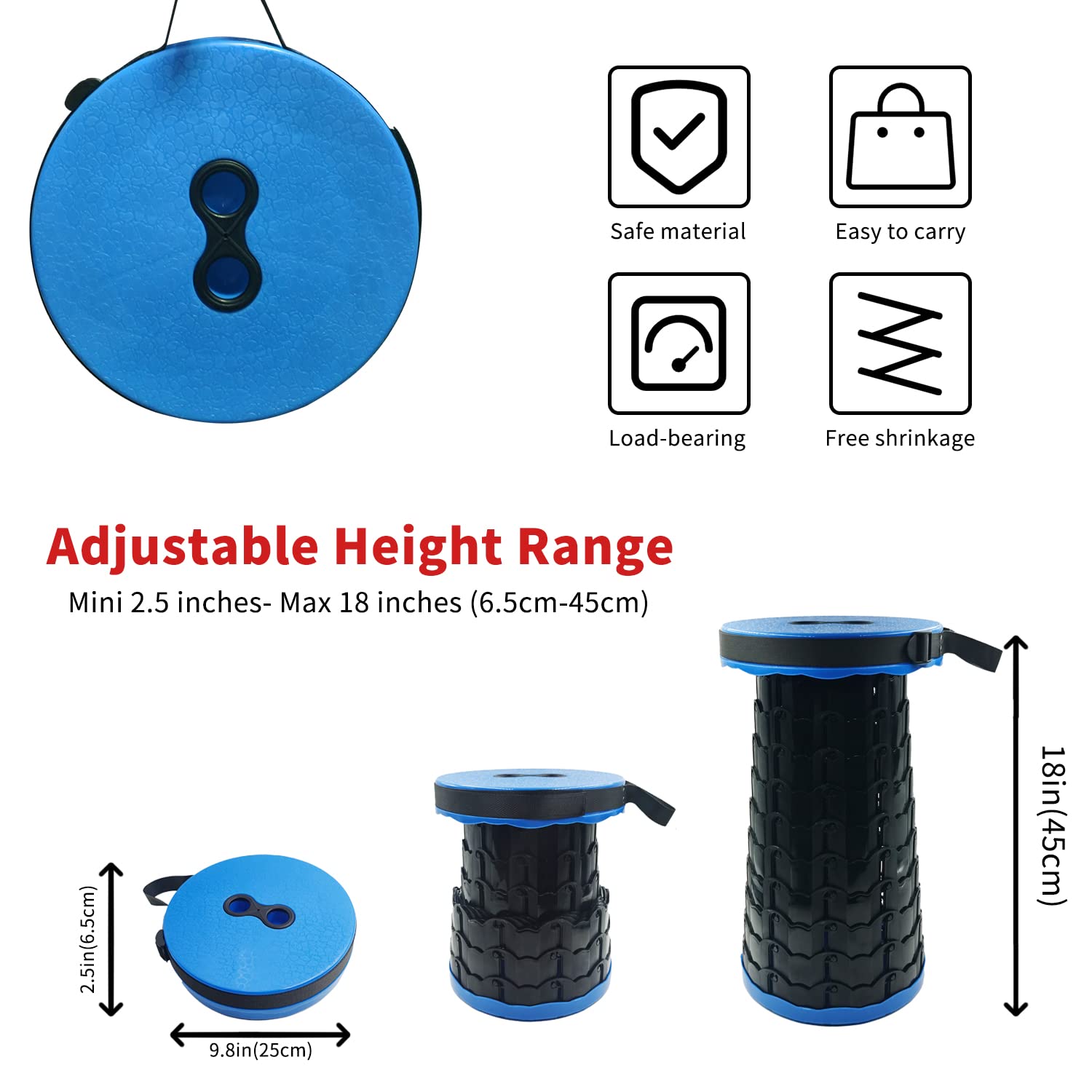 Sgabello Pieghevole Portatile, Blu Retrattile Pieghevole da Campeggio Telescopico Sedile per Campeggio, Barbecue, Pesca, Escursionismo, Barbecue, Carico 180 kg