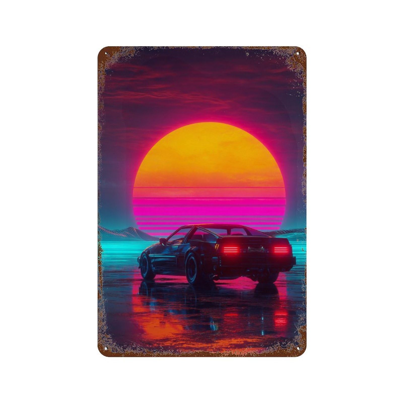 Garage Style Neon Sunset Car Landscape Distressed Metal Wall Sign 11.8"x7.9", Rustic Home Decor for Bar And Workshop