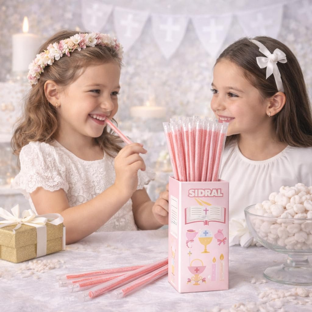 PRIMERA COMUNION 80 un. - Cañas rosa de sabor fresa Cañas Pica Pica, Cañas Dulces - Perfectas para Regalar con Dulzura como detalle de 1ªComunión. - 2