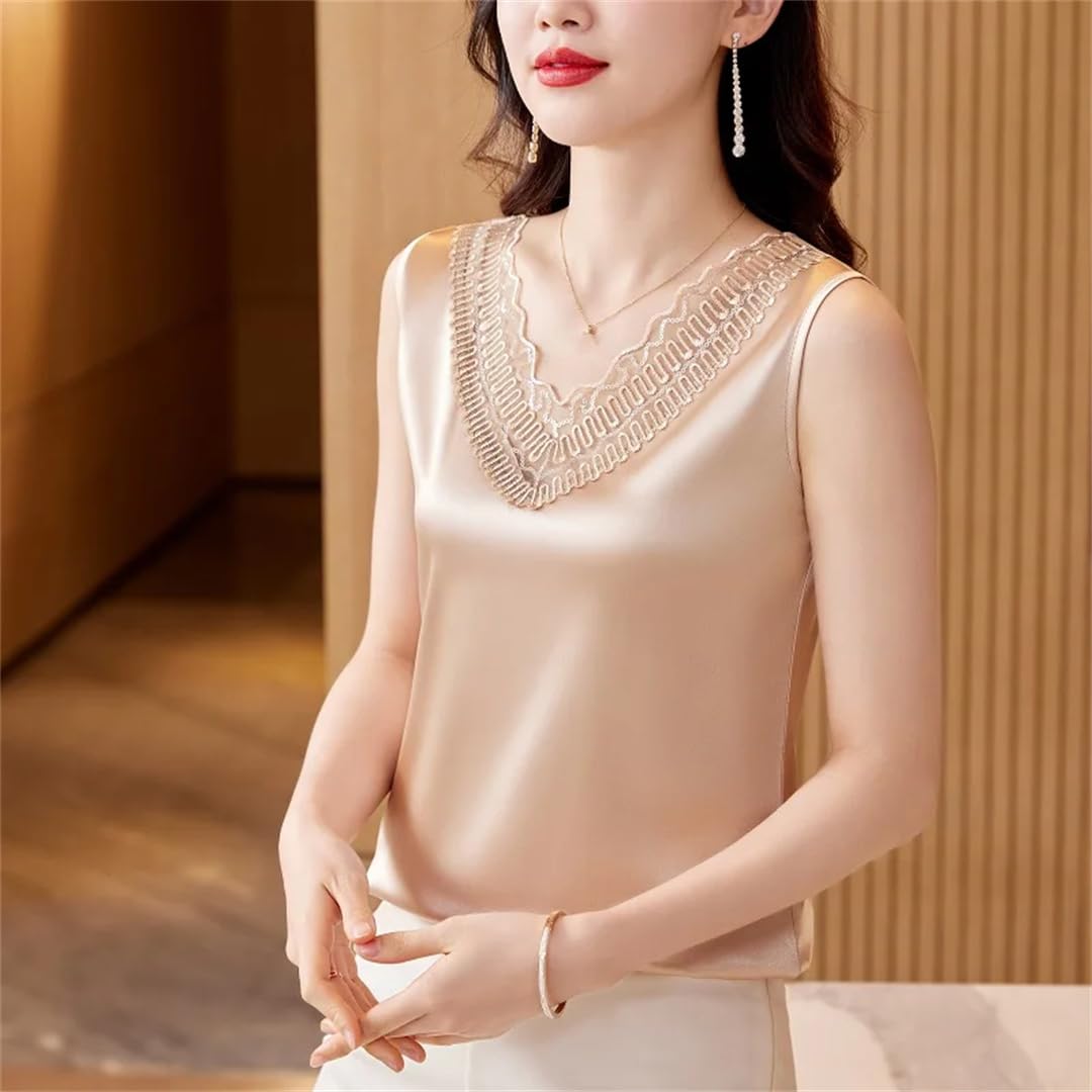 Camicia da donna in seta con ricamo in pizzo estivo senza maniche Top allent