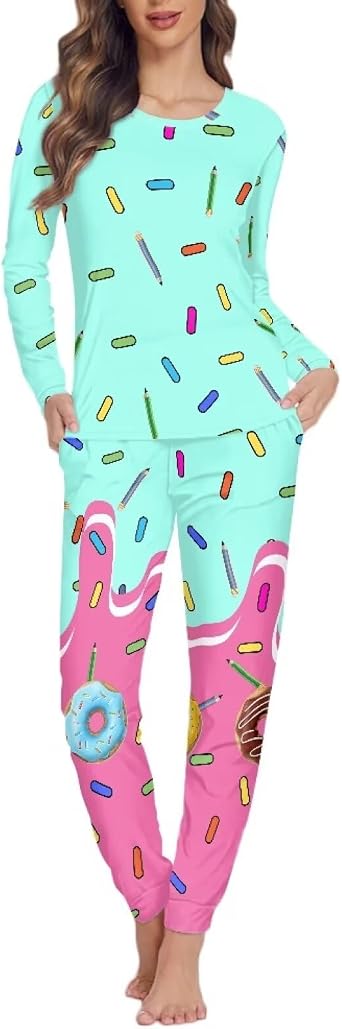 JEOCODY 2 Piece Womens Pajama Set Long Sleeve Tee and Jogger Pant Cute Printed Lounge Sleepwear