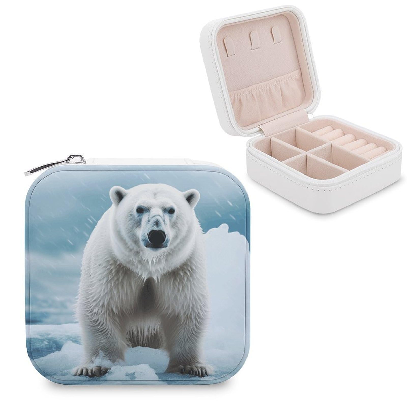 VstaDank Cool Animal White Polar Bear Jewelry Box Portable Mini Travel Case Display Storage Holder Boxes PU Leather Small Jewelry Organizer for Women for Stud Earrings Rings Necklaces Bracelets