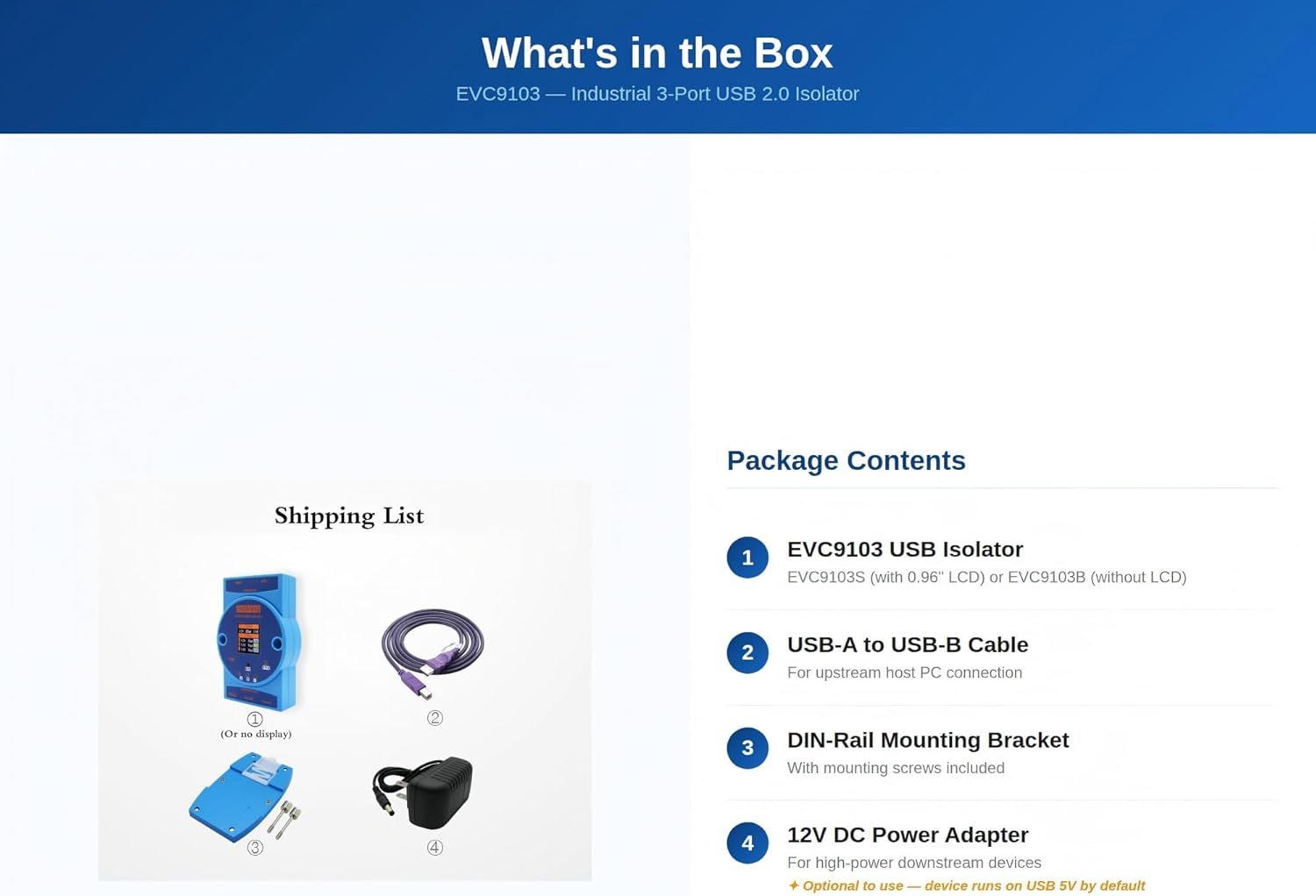 EVC9103S High-Speed USB 2.0 Isolator with LCD Screen - 1500V Isolation, 1-to-3 Ports, 480Mbps, 12V External/USB Power, Voltage/Current/Power Display, Driver-Free (Rail Mount)