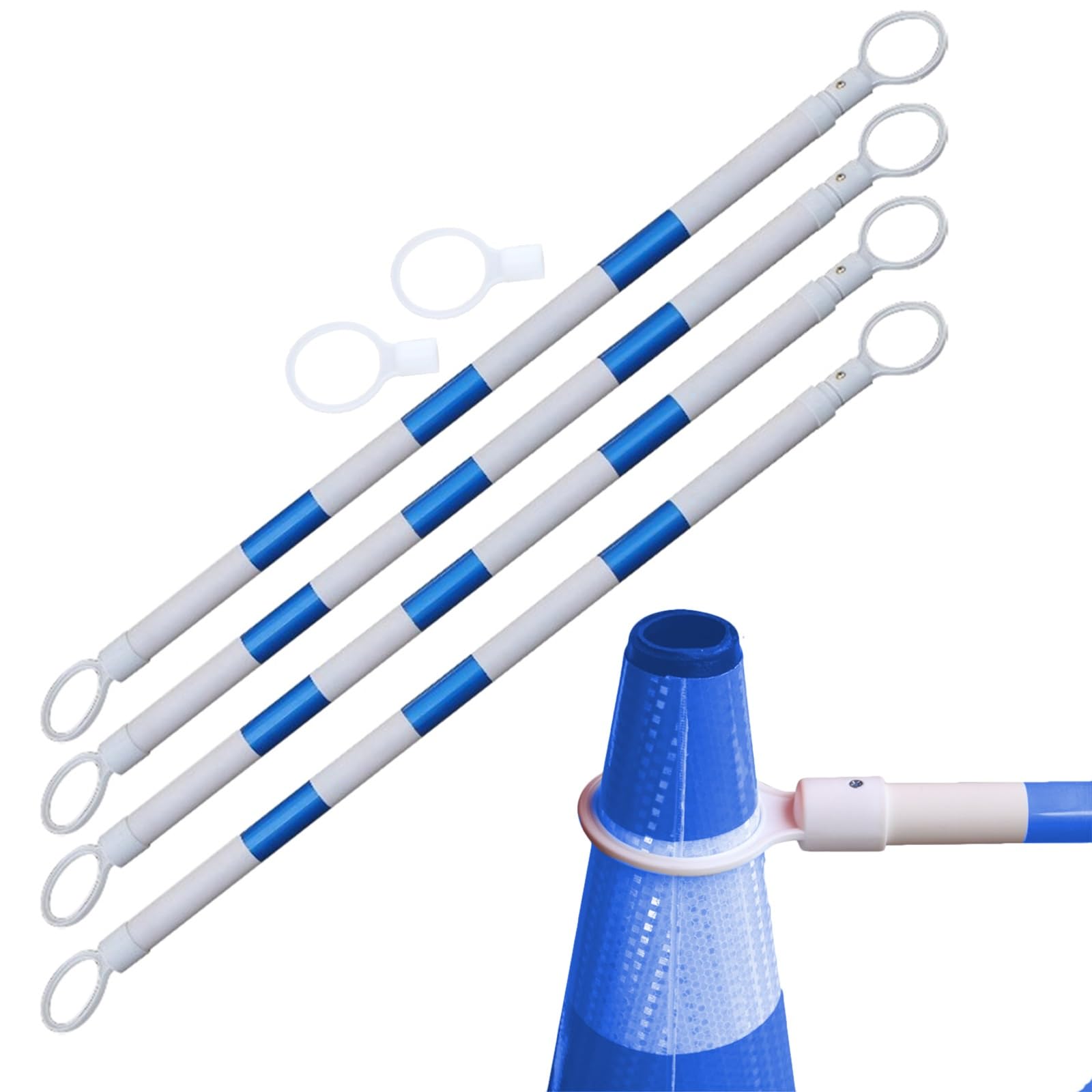 Retractable Traffic Safety Cone Bar, Expandable Caution Cones Bar/ Parking Pole 3.9 - 6.5 Ft/ Temporary Barriers Bar for Construction Crowd Control, High Visibility Connecting Rod with Ring(4 pcs blue