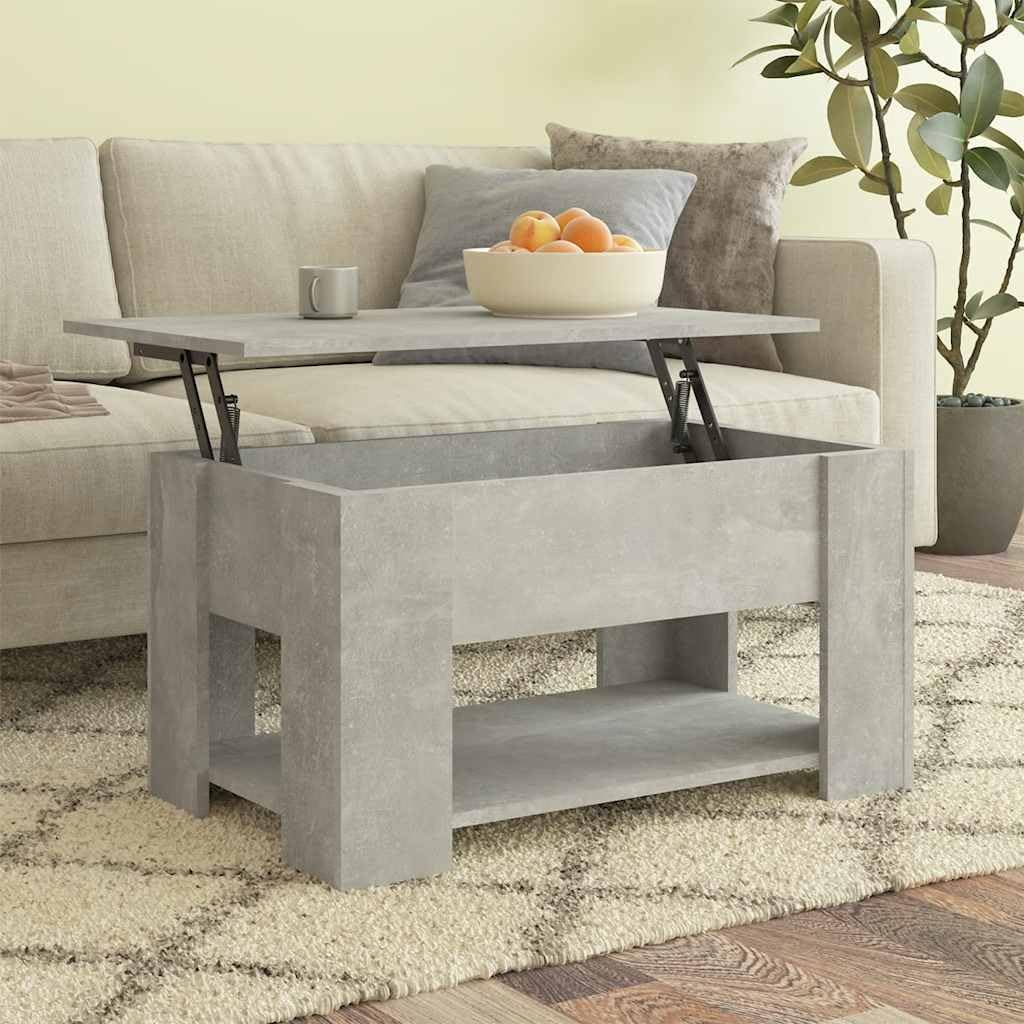 Table basse gain de temps gris béton avec plateau relevable pour masquer le désordre du salon