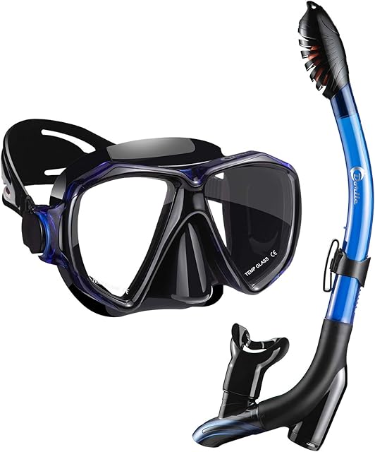 Dorlle Snorkel Set with Snorkel and Diving Goggles, Waterproof Diving Mask, Anti-Fog, Anti-Leak, Tempered Glass, with 3-Channel Premium Dry Snorkel for Adults