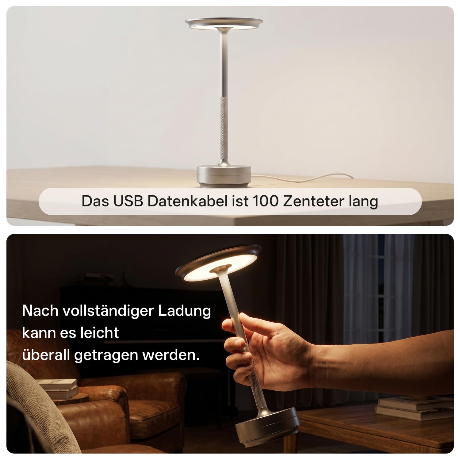 Gresonic 2er led akku tischleuchte nachttischlampe–tischlampe Silber per Touch dimmbar, lampe akku mit USB,tischlampe akku für modernes Wohnzimmer, Schlafzimmer Außenbereich vintage tischlampe