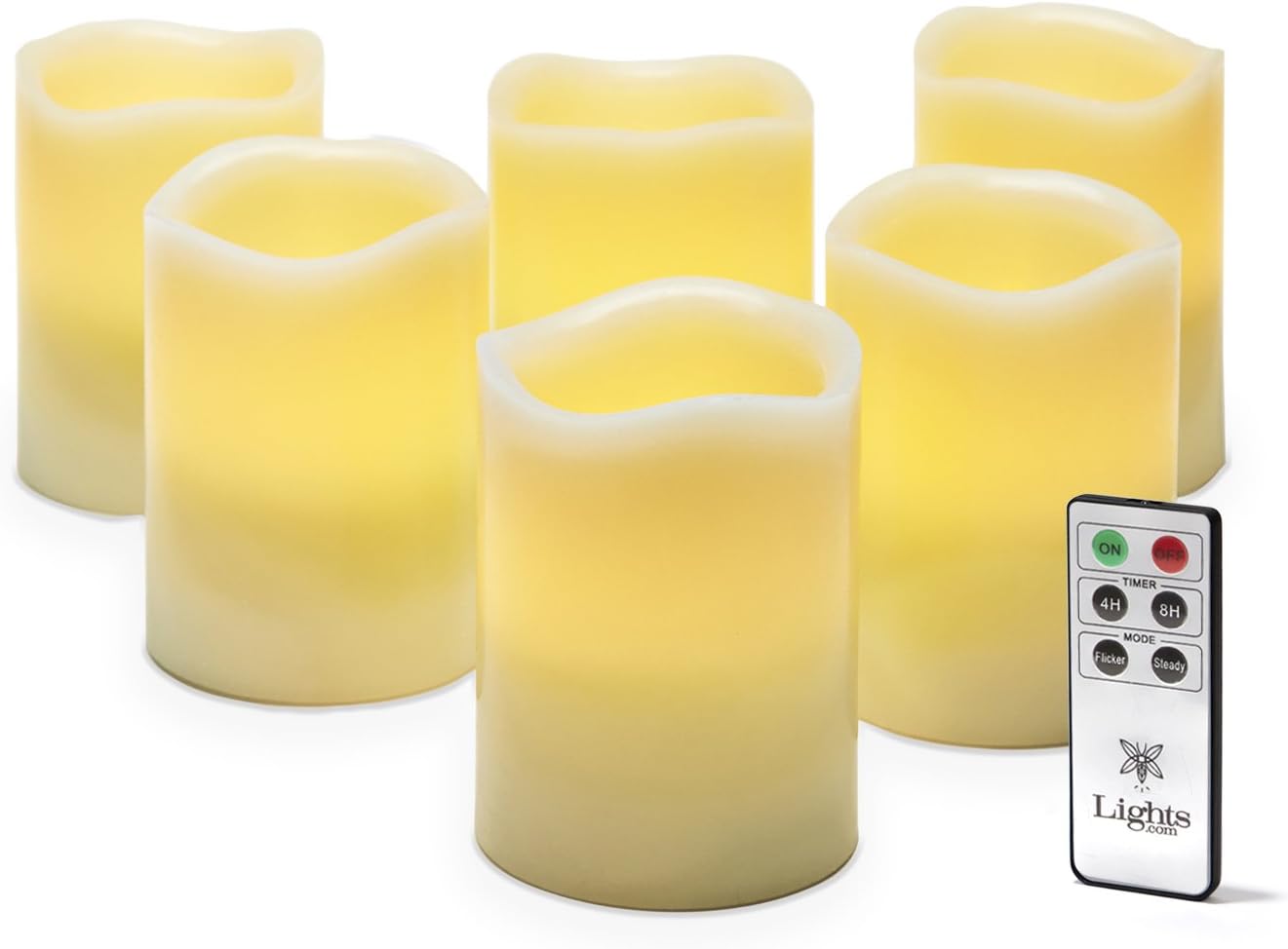 6 Ivory Flameless Pillar Candles with Melted Edge, 4", Warm White LEDs