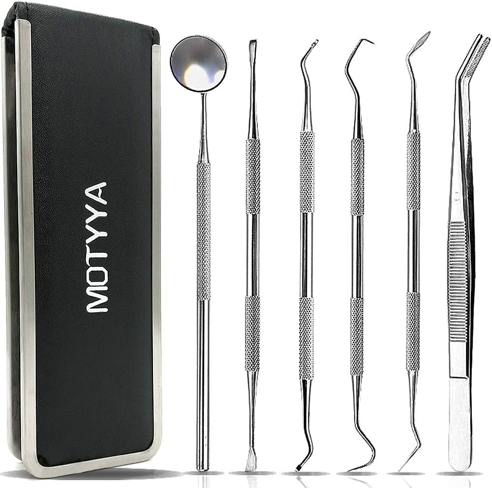 Dental Tools 6 Pack, MOTYYA Teeth Cleaning Tools Professional Dental Hygiene Kit Stainless Steel Dental Picks Oral Care set to Remover Tartar, tooth scraper,Mouth Mirror for home use (6 Tools)