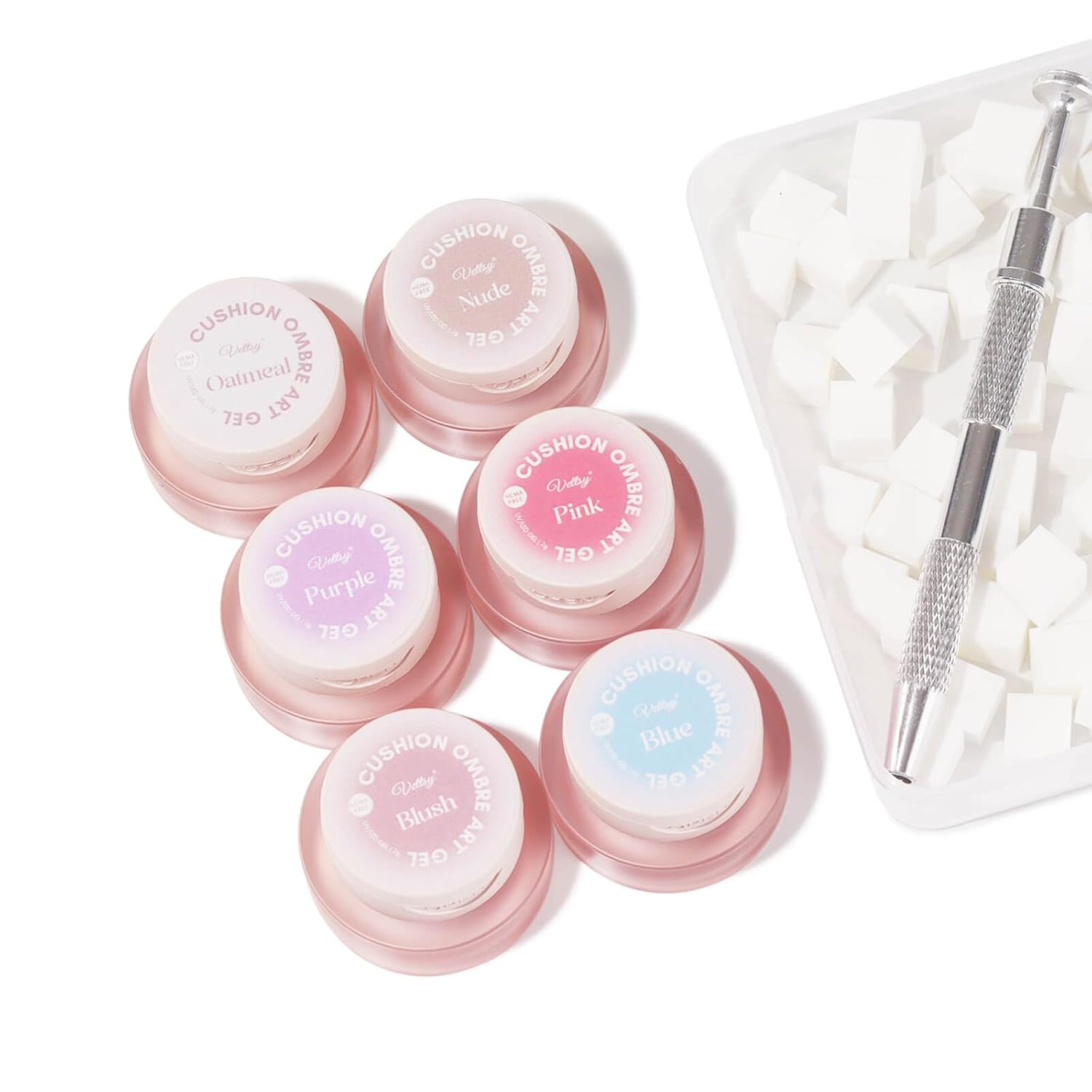 vettsy 5-in-1 Cushion Ombre Art Gel Set - 6 Nude, Pink & Pastel Shades - HEMA-Free Solid Creamy Gel for Ombre, Nail Art, Full Application & Chrome - No-Wipe, Vegan & Cruelty-Free UV/LED Nail Gel