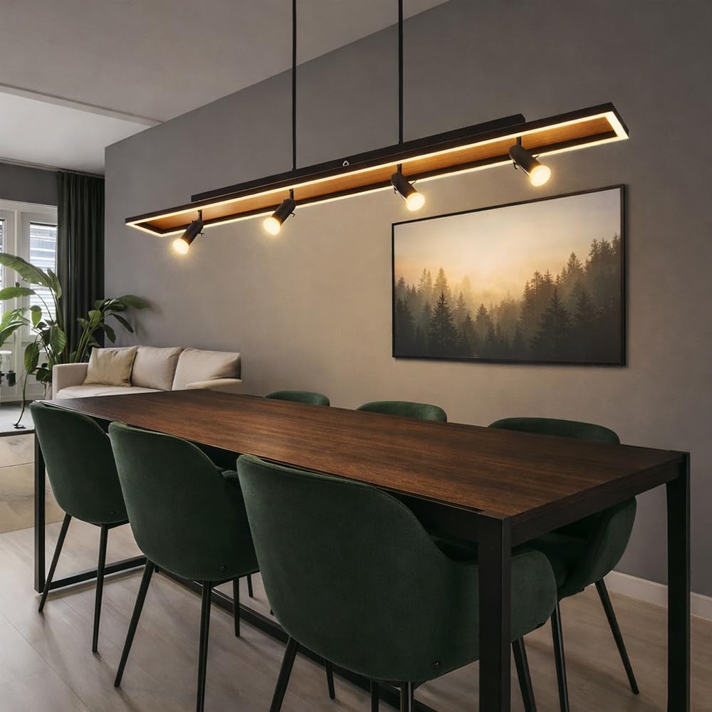 Hängelampe Esstisch Pendelleuchte schwarz Wohnzimmerlampe dimmbar, LED Hängeleuchte 4-flammig Holzoptik Spots schwenkbar, 4x GU10, LxBxH 116x12x120cm