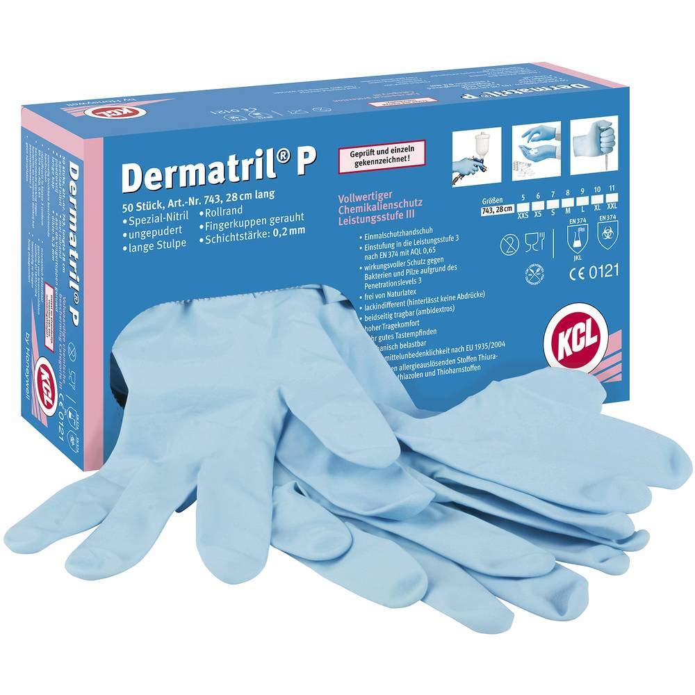 KCL Dermatril® P 743 Guantes de Protección Ambidiestros Desechables, Nitrilo, Impermeables, Sin Polvos, Aptos para Industrias Alimentarias/Químicas, Azul, Talla 11XXL, 074311082C (Caja de 50 Piezas)
