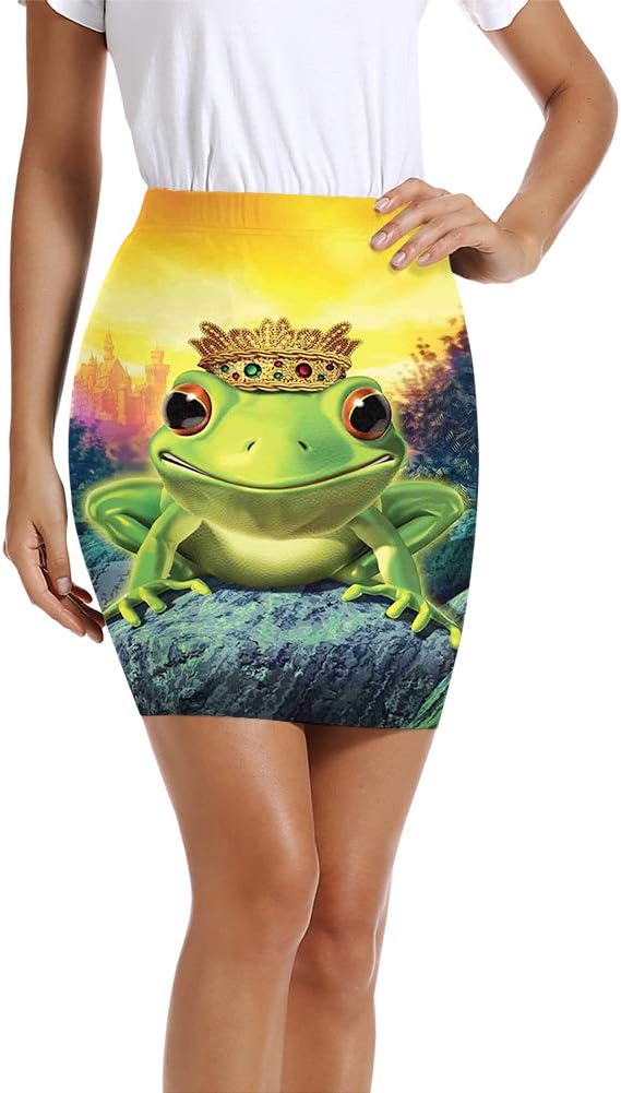 Women's Pencil Skirt,Frog Prince with Golden Yellow Crown on Rocks Fairytale Soul Mates Illustration